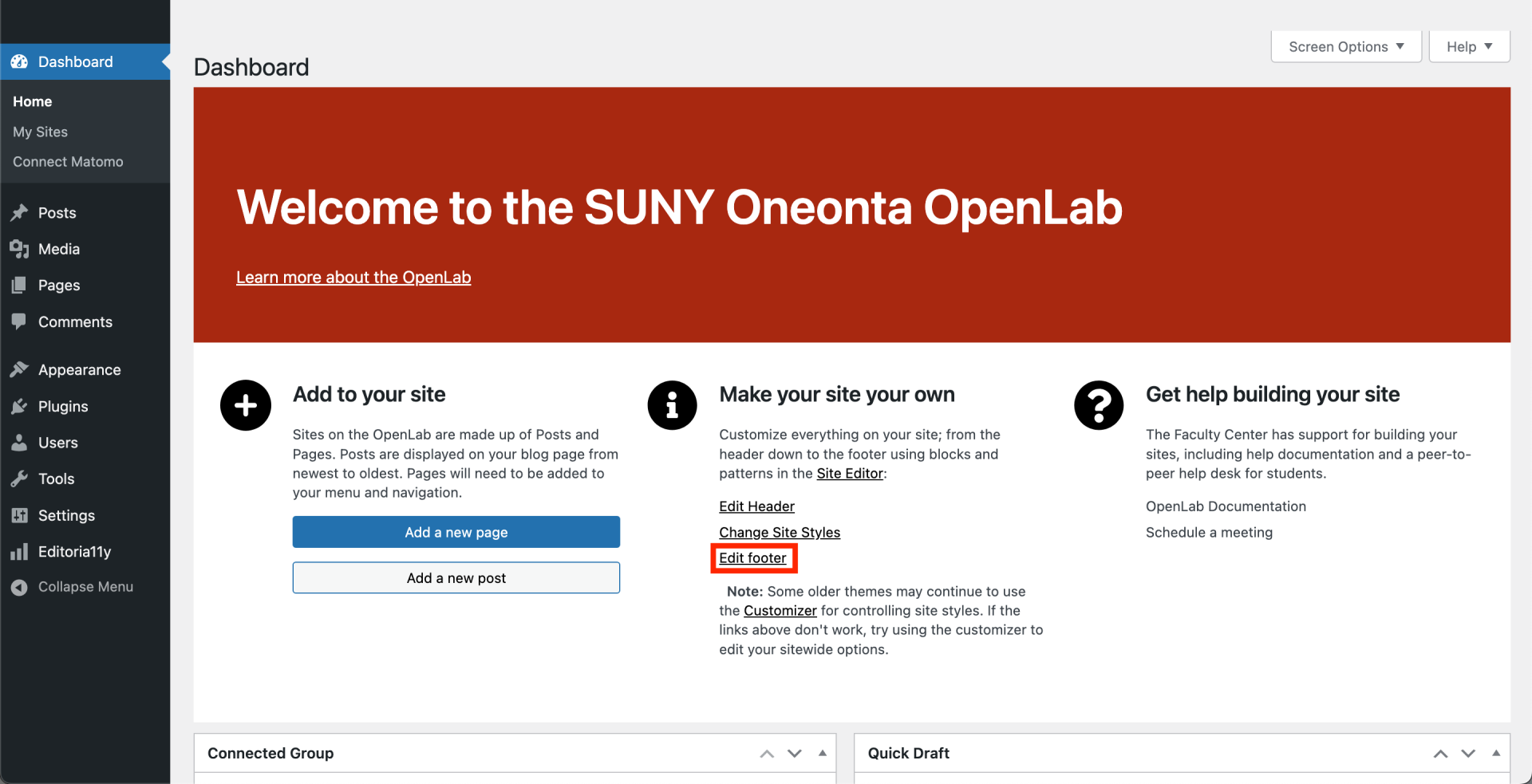 Wordpress dashboard, highlighting "edit footer"
