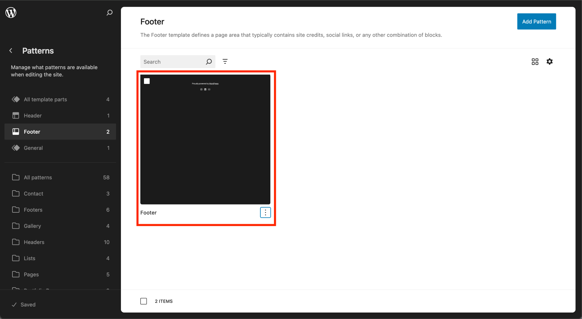 Wordpress Portfolio, highlighting "footer" box