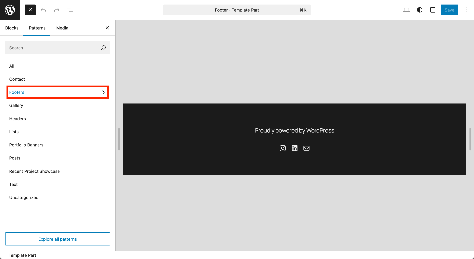 Wordpress site editor under the patterns tab highlighting the "Footers" section